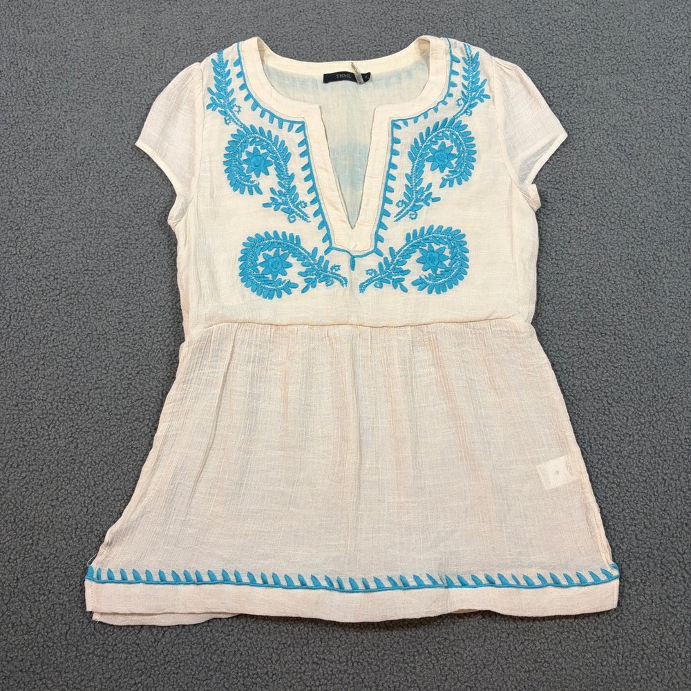 THML Blouse Womens Small Beige Blue Embroidered TM2766 Boho Peasant Gauze Top